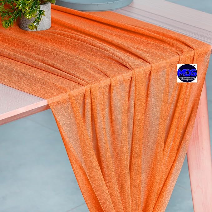 MDS 5 Pack 10ft Chiffon Table Runner 29 x 120 Inches Sheer Wedding Runner Romantic Rustic Table Runner for Wedding Decorations, Birthday Parties, Bridal Shower Party Arch Decor - Orange
