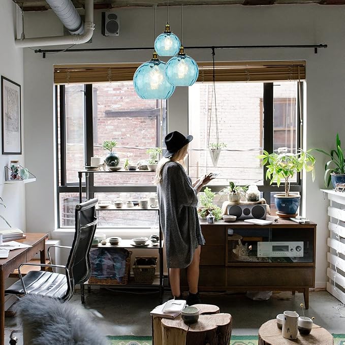 Pendant Light Shade Industrial Hanging Lights Fixtures Ceiling Outdoor Pendant Lighting for Kitchen Island Dining Room Unique Lamp in Kitchen Farmhouse Bedroom (Blue, 5.9 Inches)