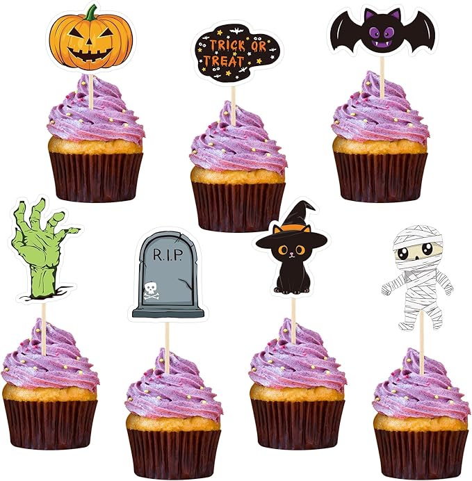 NACHLYNN 70pcs Halloween Cupcake Toppers Spooky Haunted House Night Party Fruit Cake Decoration Favors