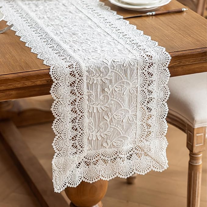 White Elegant Vintage Lace Table Runner,Wedding Lace Decor with Floral Embroidery,Tea Party Decor (White, 13.8X47 Inches)