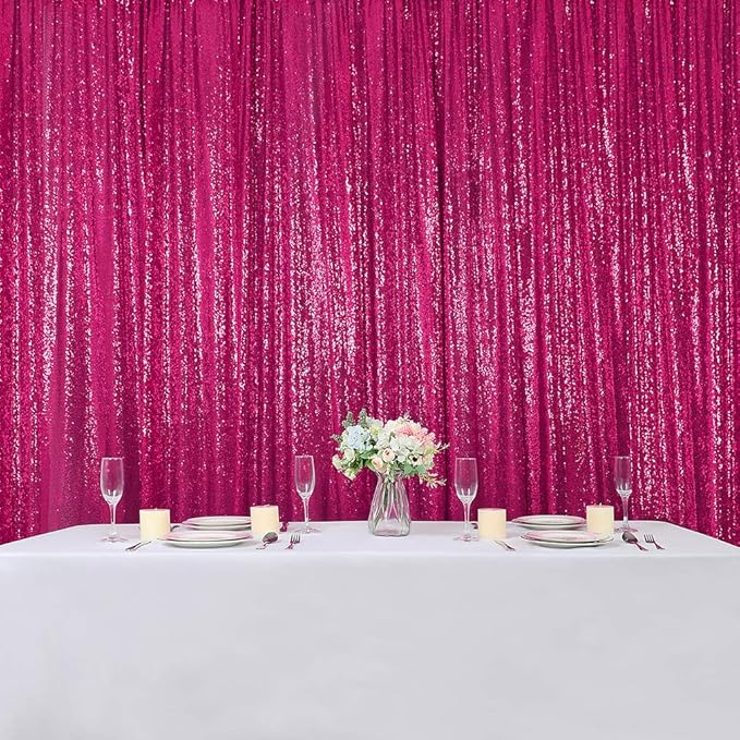 Hahuho Fuchsia Sequin Backdrop Curtain, 2PCS 2FTx8FT Glitter Backdrop Curtain for Parties, Christmas, Wedding, Party Decoration（2 Panels, 2FT x 8FT, Fuchsia