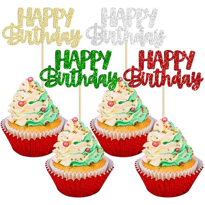 Gyufise 24Pcs Happy Birthday Cupcake Toppers Glitter Birthday Cupcake Food Picks for Celebrating Happy Halloween Theme Party Cake Decorations Supplies Silver Red Green Gold