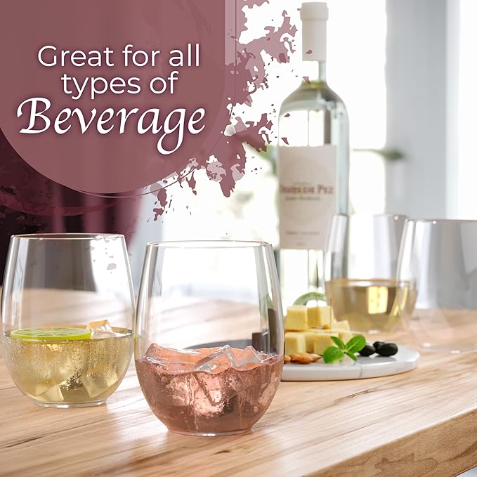 Exquisite 24 Pcs Unbreakable Stemless Plastic Wine Glasses Disposable Wine Glasses Stemless 12 Oz Clear Plastic Cocktail Cups Clear Party Cups Disposable Cocktail Glass Weddings & Events