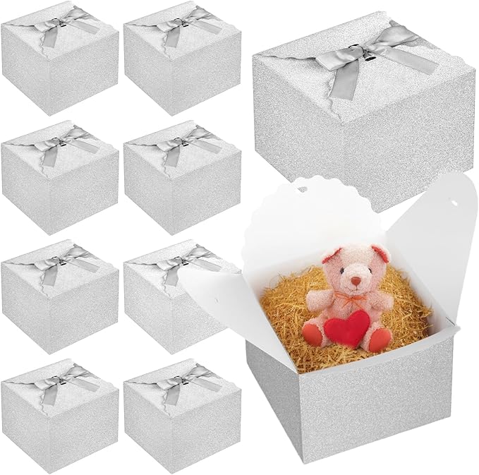 VGOODALL Sliver Glitter Gift Boxes, Paper Treat Boxes Shiny Candy Box with Ribbon for Wedding Cookie Chocolates Small Gifts
