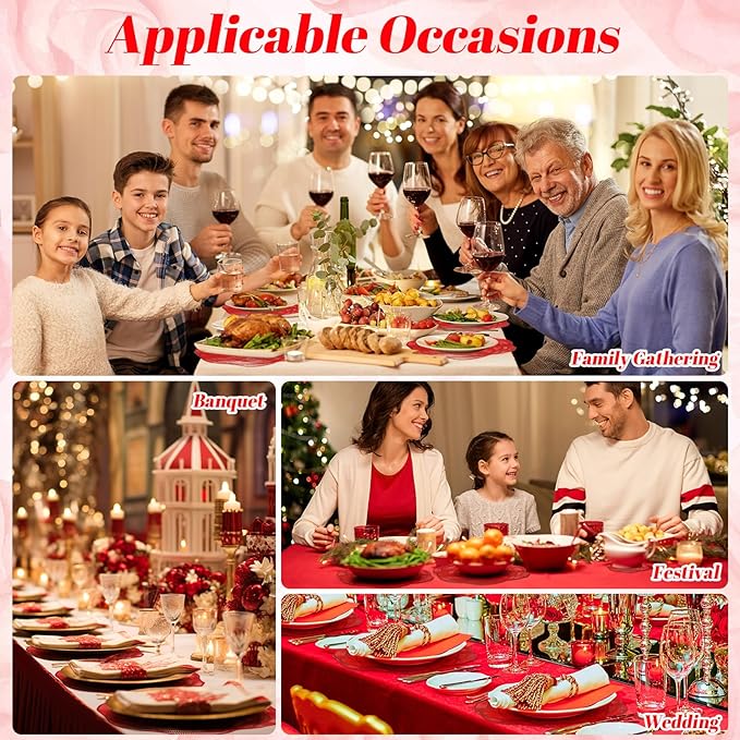 Sieral 12 Set 15 Inch Round Pressed Vinyl Placemats Hollow Out Rose Placemat Set Metallic Slip Resistant Place Mat Coaster Including Place Mats and Coasters for Wedding Dining Kitchen (Red)