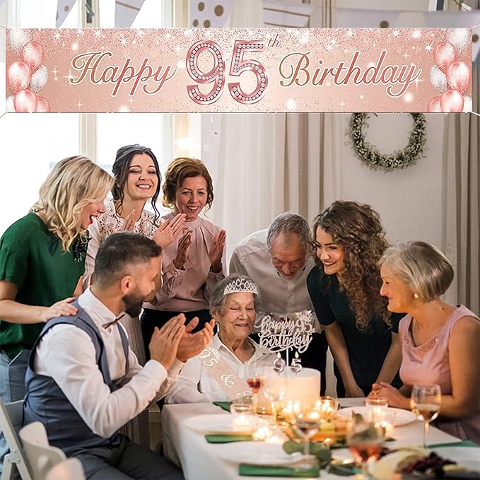 95th Birthday Decorations for Women Including Birthday Sash, Crown, Numeral Candles and Cake Topper, Rose Gold Party Decor Supplies