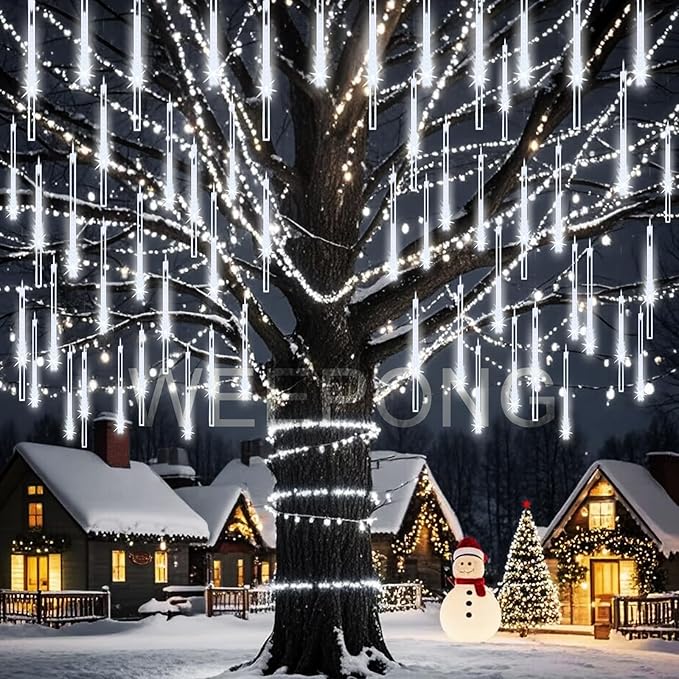 Christmas Lights Outdoor 32 Tubes 768 LEDs Meteor Shower Lights UL Certified Snow Falling Rain Drop Icicle String Light for Xmas Tree Christmas Decorations Outdoor Wedding Party Window,White