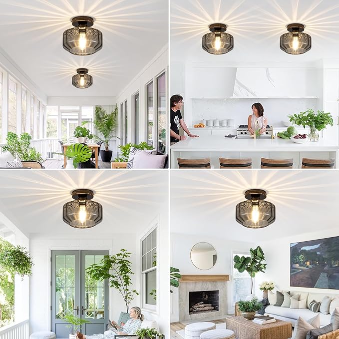 Smoked Glass Flush Mount Ceiling Light with 1200LM LED - Black Champagne Gold 8.66" Damp Rated Fixture for Bathroom Kitchen Hallway Modern Lighting