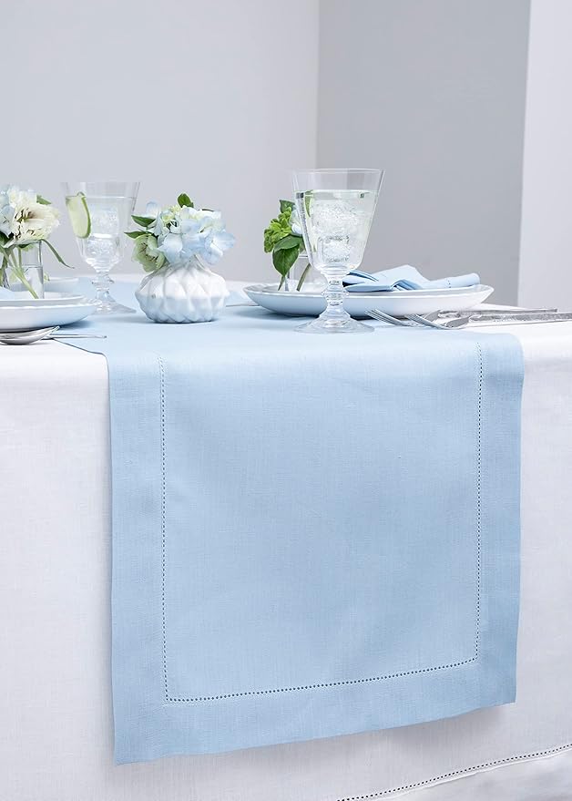 Solino Home Linen Hemstitch Table Runner 108 Inches Long - 100% Pure Linen Sky Blue Table Runner 14 x 108 Inch for Holiday - Classic Hemstitch