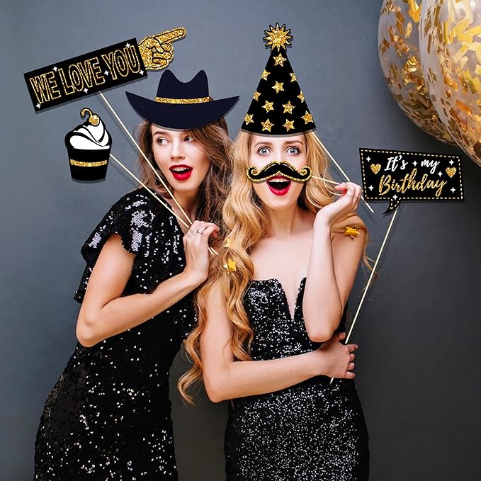 36 PCS Birthday Photo Booth Props Party Supplies Holiday Picture Decorations Photo Booth Props for Birthday Party Favors Pose Sign Kit Fun for Party (Black and Gold)