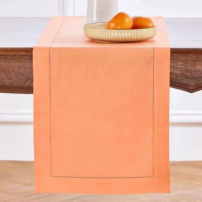 Solino Home Linen Coral Hemstitch Table Runner 36 Inches - 100% Pure Linen Small Table Runner 14 x 36 Inch Ideal for Dresser and Coffee Tables - Classic Hemstitch