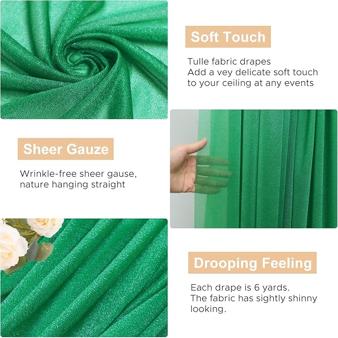 Wokceer Emerald Green Wedding Arch Draping Fabric Backdrop 4 Panels 28.7" X 20FT Sheer Drapes Fabric for Wedding Arbor Ceremony Party