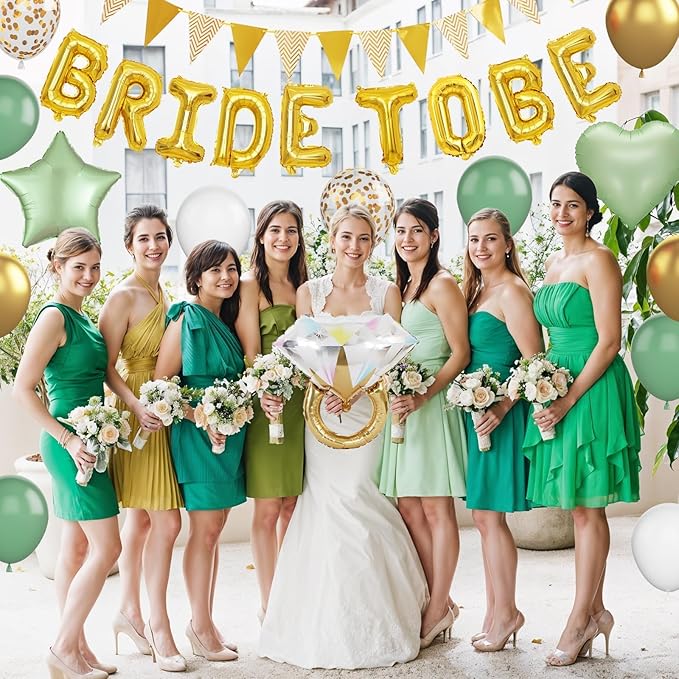 Bridal Shower Decorations Sage Green,Bachelorette Party Decor with Bride To Be Letter Balloons Banner, Diamond Ring Heart Foil Balloon,Green Gold Confetti Balloons for Engagement Wedding Party favors