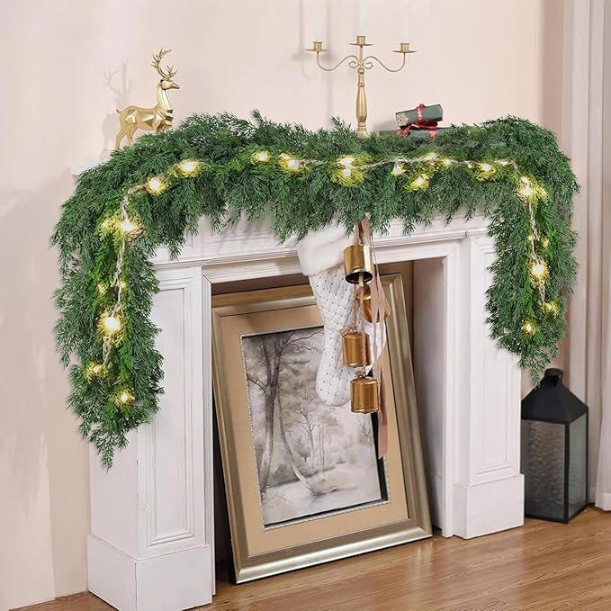 16ft Christmas Cedar Garland, Real Touch Pine Garland, Realistic Cypress Garlands Christmas Decorations for Mantel, Table, Stairs, Porch - Indoor Outdoor Xmas Holiday Decor