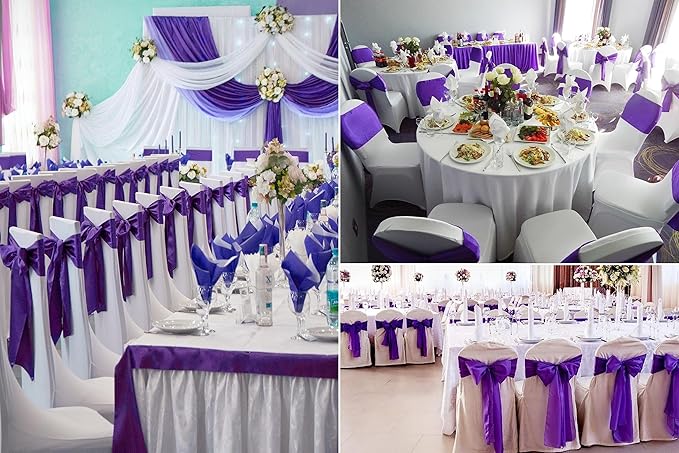 50 PCS Satin Chair Sashes Bows Decorative Universal Chair Cover Band Chair Ribbon Ties Back Sash for Wedding Party Ceremony Reception Hotel Events Birthday Banquet Restaurant Decor(7x108inch,Purple)