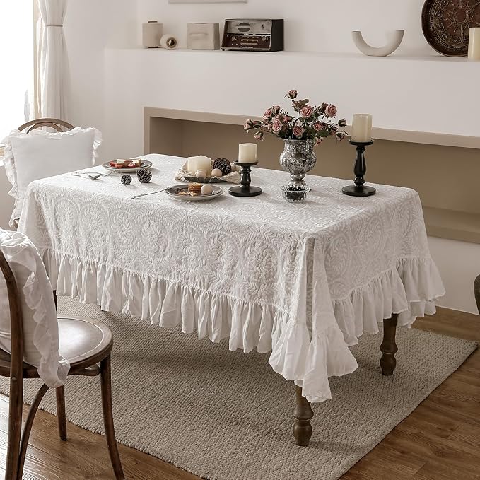 patdrea Vintage Ruffle Tablecloth for Square Tables,Farmhouse Embroidered Cotton White Lace Table Cloth Cover Decor for Dining Room Wedding Banquet Thanksgiving Christmas,67"*67"