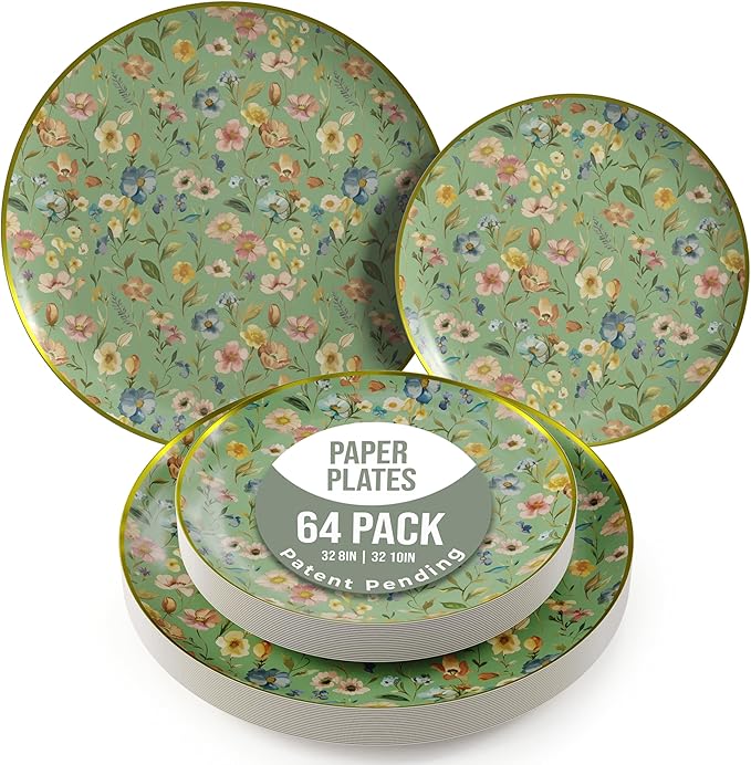 Trendables Heavy Duty Paper Plates Set For 32 Guests - 32 Each Of 8-inch And 10-inch Disposable Plates For Party - Fancy 64 Piece Dinnerware Set For All Occasions | Floral Design, Bouyant
