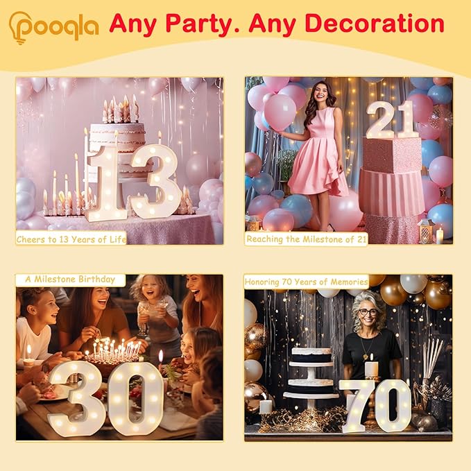 Pooqla Decorative Led Light Up Number Letters, White Plastic Marquee Number Lights Sign for 60th Birthday Party Wedding Decor Battery Operated Number (60)