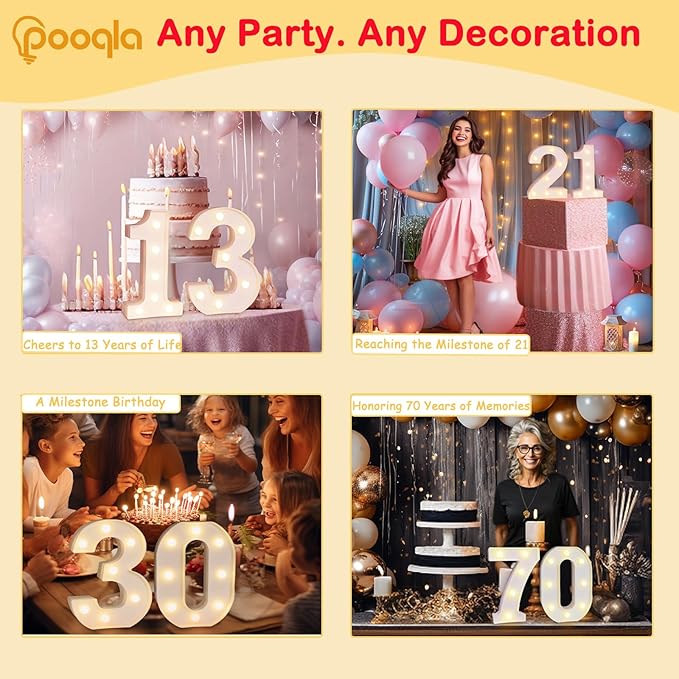 Pooqla Decorative LED Light Up Number Letters, White Plastic Marquee Lights Sign Party Wedding Decor, Battery Operated (8)
