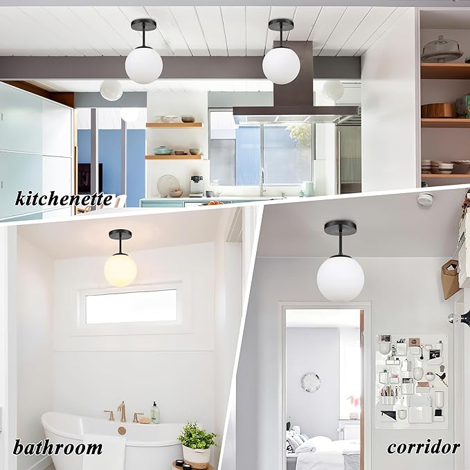 8" Black Semi Flush Mount Ceiling Light Fixture Milk Glass Globe Ceiling Light Fixtures Hallway Light Fixtures Mid Century Ceiling Lights Matte Black Finish for Entryway Foyer (Bulb Incl.)