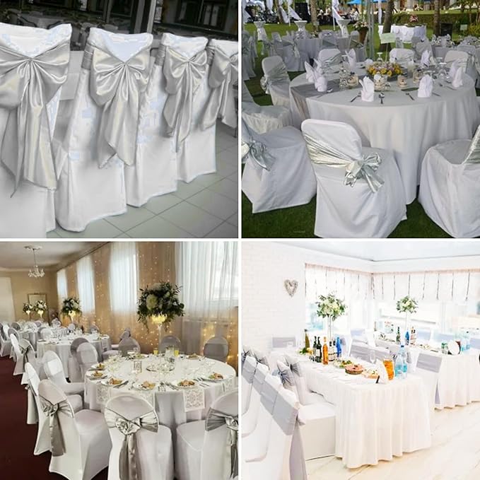 100 PCS Satin Chair Sashes Decorative Bow Chair Sashes Ties Ribbon Bows Chairs Cover Band for Wedding Birthday Party Ceremony Reception Banquet Events Hotel Home Kitchen Christmas(7x108inch,Silver)