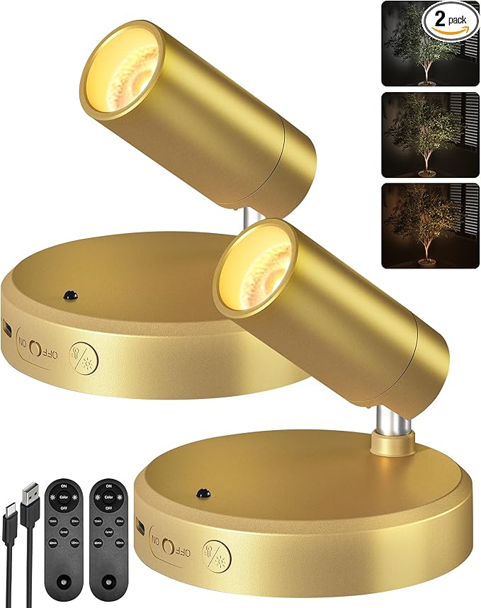 EZVALO LED Spotlight Indoor, 5500mAh Rechargeable Battery Uplighting Indoor, Wireless Mini Art Accent Spot Lights with Remote, for Plants Display Painting Dartboard Artwork Portrait Closet(2Pack-Gold)