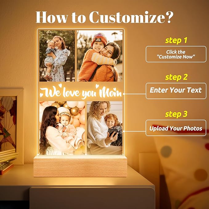 Personalized Picture Frame with Night Light, Customized Photo Frame with Photos, Customized Photo Gifts for Mom Girls Boys, Personalized Birthday Gifts for Mom, Kids, Baby, Family