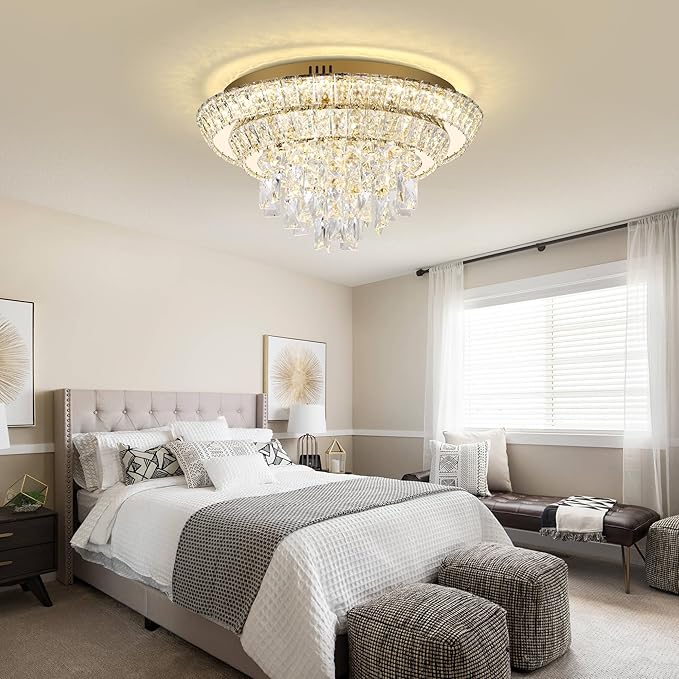 18 inch Crystal Gold Ceiling-Light Flush Mount with Remote Control and APP, 3CCT Dimmable & Brightness Adjustable, Modern Crystal Raindrop Chandeliers for Bedroom Hallway Dinning Room Living Room