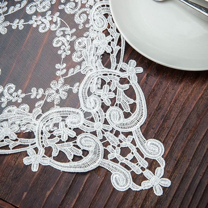 ARTABLE Rectangle Table Runner Lace Macrame Embroidered Table Runners with Exquisite Vintage Shabby Chic for Holiday Wedding Long Dinner Tables (White, 12 x 48 Inch)