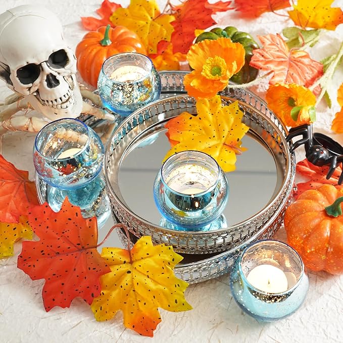 Homemory 12 Pcs Blue Votive Candle Holders, Round Mercury Glass Candle Holder, Tealight Candle Holders for Table Centerpieces, Baby Showe, Anniversary, Wedding, Home Decor, Halloween, Christmas