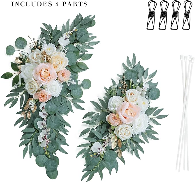 Artificial Blush Pink Wedding Arch Flower Swags Set of 2 for Welcome Signs and Ceremony Decorations, Champagne Gold Wedding Flowers
