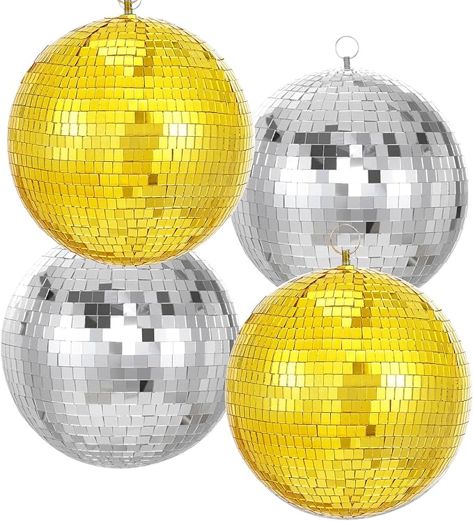 Gold Hanging Mirror Disco Ball : 6 Inches Reflective Silver Ball - 70s Party Club Stage Props DJ Light Effect Decoration (6''-4PCS Gold and Silver)