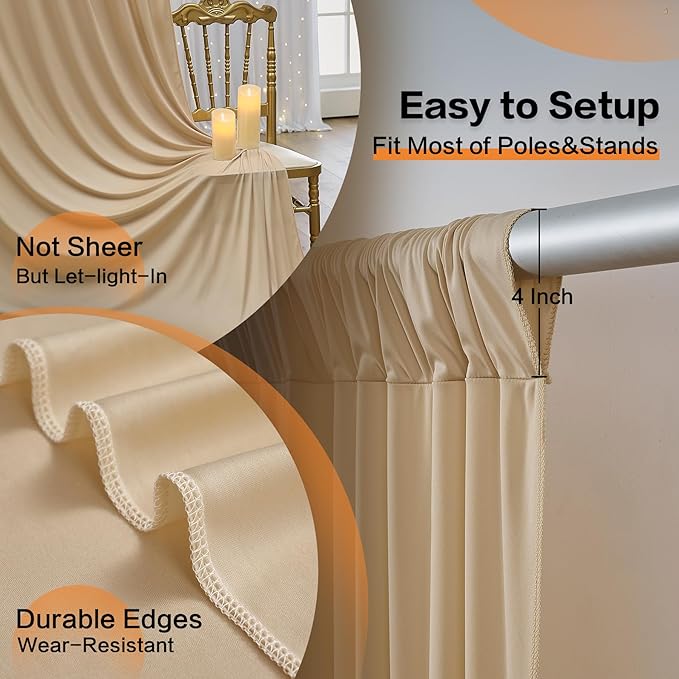 10×14 ft Wrinkle Free Beige Backdrop Curtain for Weddings Parties, 2 Panels 14ft Silky Polyester Wedding Drapes Backdrop Photo Back Drop Cloth for Birthday Baby Shower Photography Backgrounds