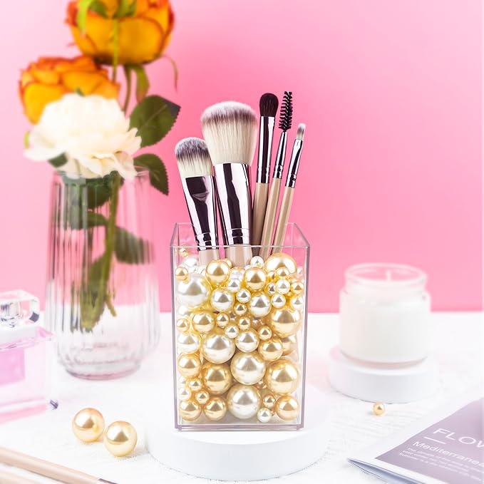 150Pcs Cream&Gold Polished No Hole Faux Pearl Beads for Vase Filling Decorations, Plastic Pearls Vase Fillers, Table Scatters, Wedding Centerpiece, Home Decor, 8/14/20 mm
