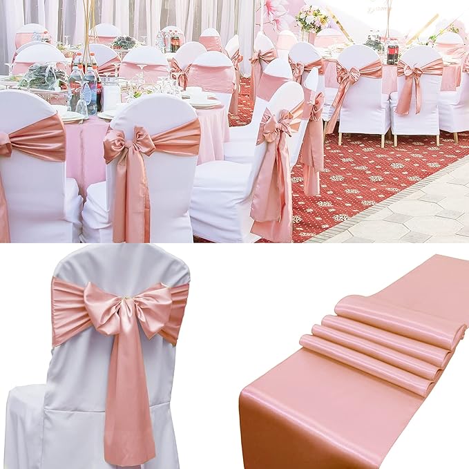50 PCS Satin Chair Sashes Bows Decorative Universal Chair Cover Chair Ribbon Ties Back Sash for Wedding Birthday Party Ceremony Reception Banquet Event Restaurant Kitchen Decor(7x108 inch,Rose Gold)