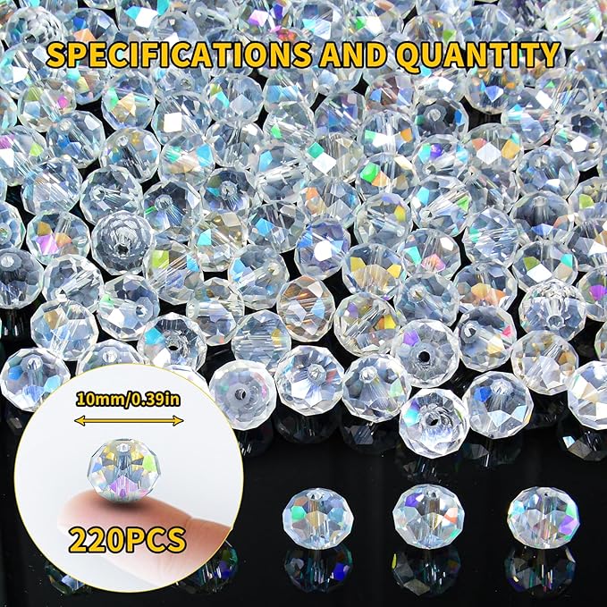 220Pcs 10mm Crystal Glass Beads for Jewelry Making Beads for Bracelets Necklace Pendants Making Supplies(White AB Color)