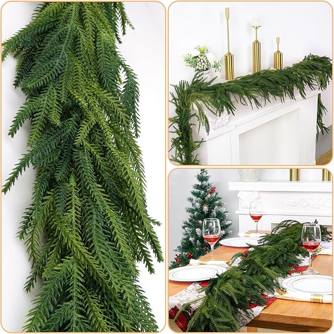 2 Pcs Christmas Decorations Artificial Norfolk Pine Garlands, 6 FT Dense Real Touch Winter Pine Garland Ornament, Green Greenery Garland for Table, Mantle, Wall, Indoor, Outdoor Christmas Decor