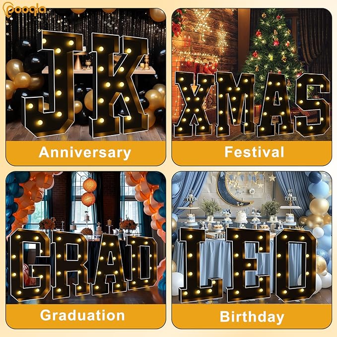 Pooqla 3FT Marquee Light Up Letters, Black LED Party Decor Large Marquee Letters 3 Feet Tall, Giant Mosaic Letter for Birthday Graduation Anniversary Wedding Decoration, Letter J