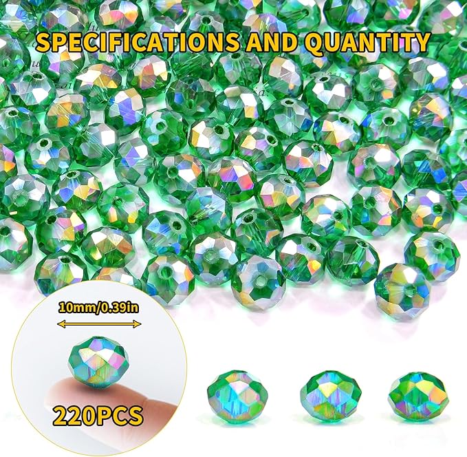 220Pcs 10mm Crystal Glass Beads for Jewelry Making Beads for Bracelets Necklace Pendants Making Supplies(Malachite Green)