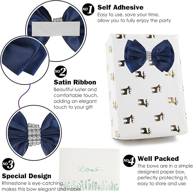 Navy Satin Bows 4'' Premade Blue Ribbon Bow, Gift Bows with Rhinestone, Wrapping Bows for Presents, Greeting Cards, Treat Bags, Wine Bottles, Valentines Bows for Gift Wrapping-12 Counts