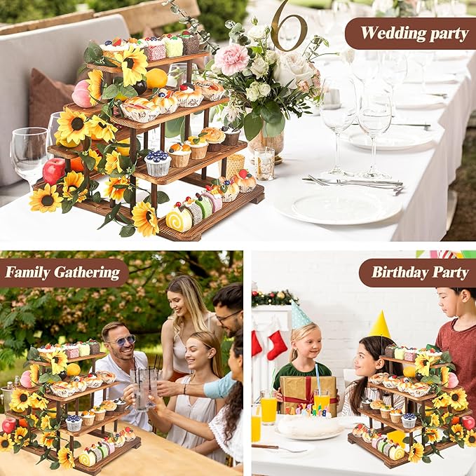 Wooden 7 Tier Cupcake Stand & Towers Serving Trays for Party with Vine Decoration - Party Display Serving Ladder with Platter for Cake, Snacks– Perfect for Catering, Events & Centerpieces
