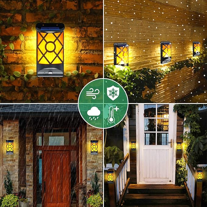 6 Pack Solar Flame Lights Outdoor Waterproof - Realistic 3D Flickering Flame Wall Lantern with 66 Ultra-Bright LEDs - Auto On/Off Fire Effect Lighting for Fence, Patio, Garden Decor