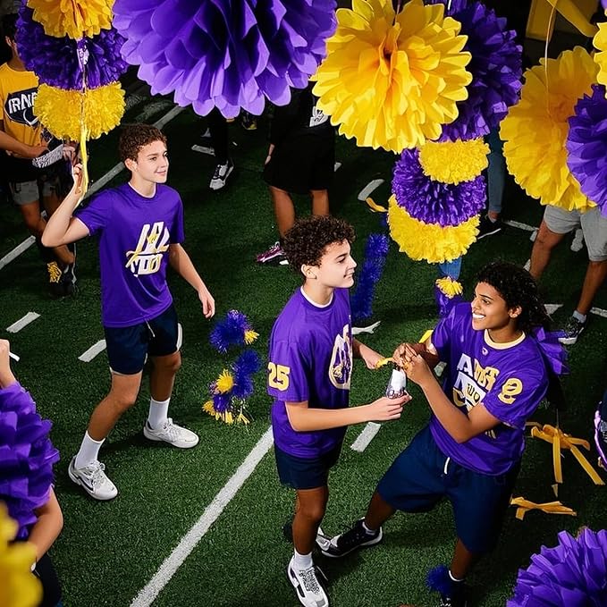 Capesaro Purple Yellow Tissue Paper Pom Poms，12PCS Tissue Paper Flowers for Basketball Sport Theme Party Birthday, Graduation Decorations, Football Party Supplies for Men Boys Adults Sports Theme