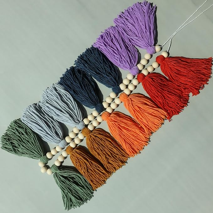 Boho Tassel Garland Wall Hanging with Wood Beads Colorful Tassel for Kids Room Bedroom Classroom Nursery Dorm Decorations