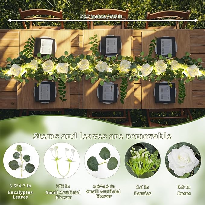 MACTING 2 Pack 13.2FT Eucalyptus Garland with Lights - Spring Gypsophila Flower Garland with 24 White Roses Artificial Floral Greenery Vine for Arch Table Centerpieces Backdrop Party Wedding Decor