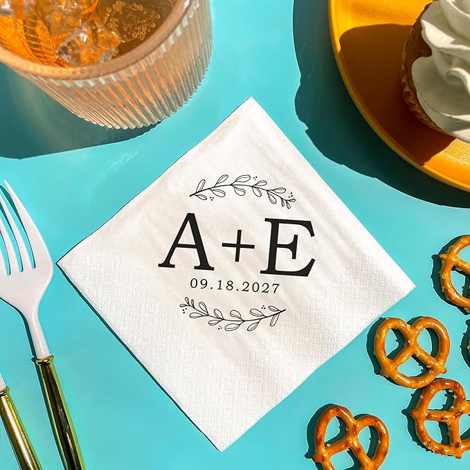 Big Dot of Happiness Personalized Rustic Leaves Monogram Wedding Napkins, Custom Engagement or Anniversary Party Laurel Wreath Branch Decor, White 3-Ply Paper Luncheon Napkins - 50 Count