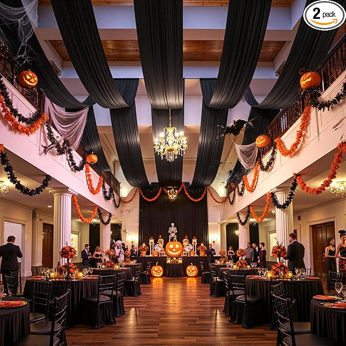 PartyVillage 2 Panels 5ftx30ft Black Ceiling Drapes for Halloween Parties – 30 FT Extra Long Thick Polyester Wrinkle-Free Drapery Tent Decor Decorations for Birthday Party Ceremony Stage Swag