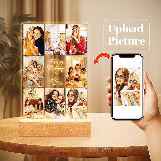Custom Picture Frames with Photos, Personalized Photo Frame with Night Light, Customized Picture Frame, Personalized Birthday Gifts for Women, Men, Her, Him, Best Friends, Wife, Sister, Family