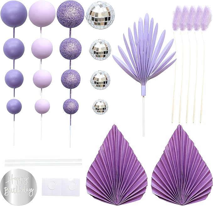 Ephlyn 33 Pack Balls Cake Toppers Boho Palm Leaves Cake Decorations Round Acrylic Happy Birthday Cupcake Toppers for Birthday Wedding Baby Shower Party Supplies Purple