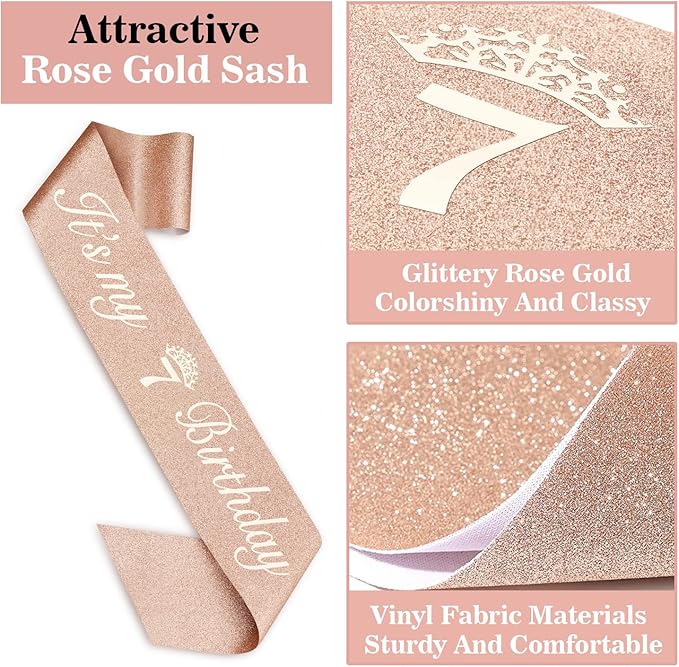 7th Birthday Decorations for Girl with Sash and Tiara, Numeral Candle and Cake Topper, 7 Year Old Birhtday Girls Rose Gold Party Favor Supplies
